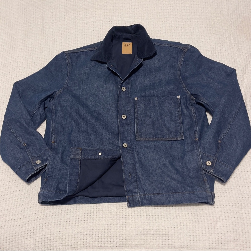Gap RARE Men's Denim Bomber Jacket Corduroy Collar Winter Warm Medium Wash Large